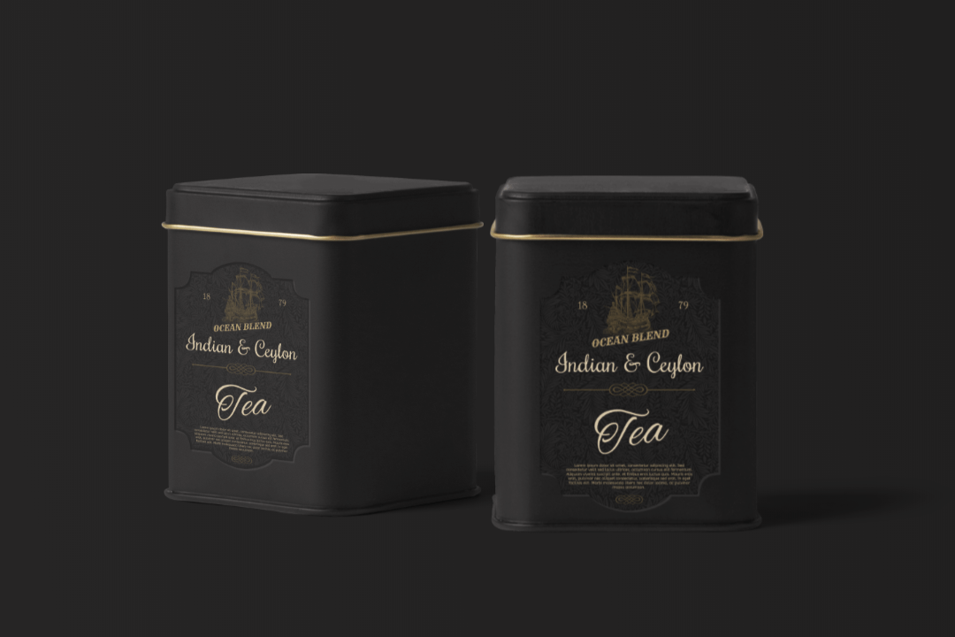 Create a tea packaging design . Metal Tea Package Mockup Scene